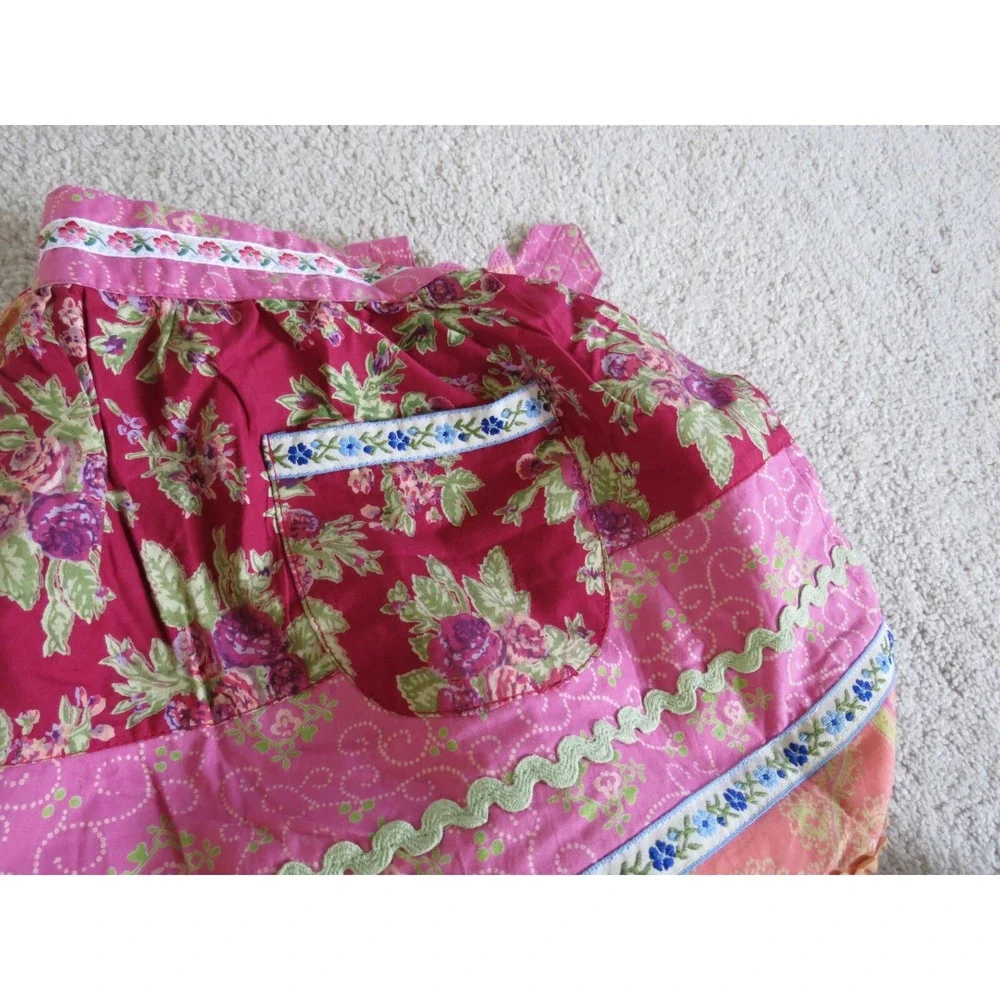 Cotton Embroidered Floral Apron 76 Inch Tie Red Pink OSFA